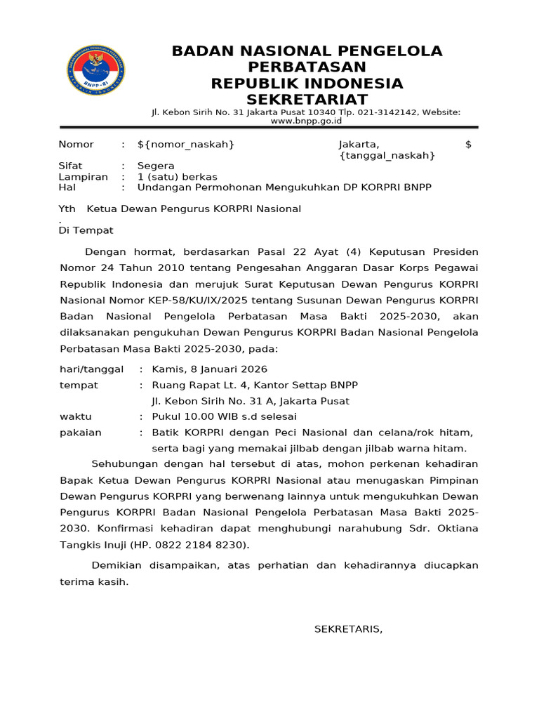 Undangan Pengukuhan DP KORPRI BNPP 2025-2030 | PDF