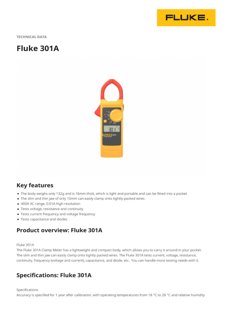 Fluke 301A Clamp Meter Specifications | PDF | Hertz | Alternating Current