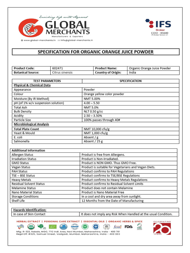 Organic Orange Juice Powder Specs | PDF | Orange Juice | Orange (Fruit)