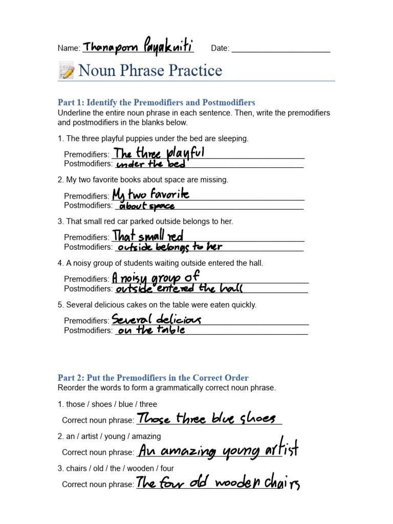 Noun Phrase Premodifier Postmodifier Workshee | PDF | Phrase | Noun