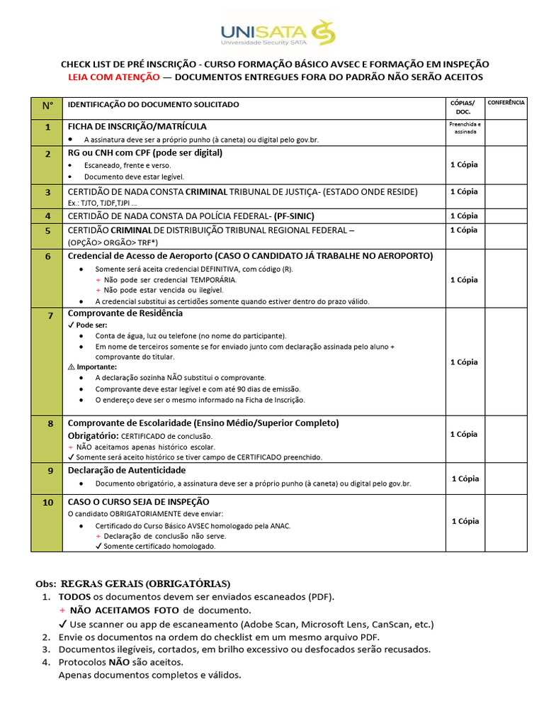 Checklist de Documentos para Curso AVSEC | PDF | Brasil