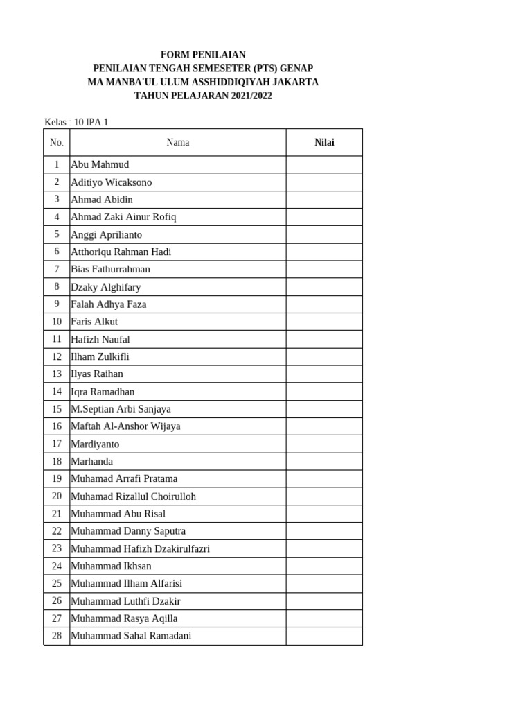 Form Penilaian PTS Genap | PDF
