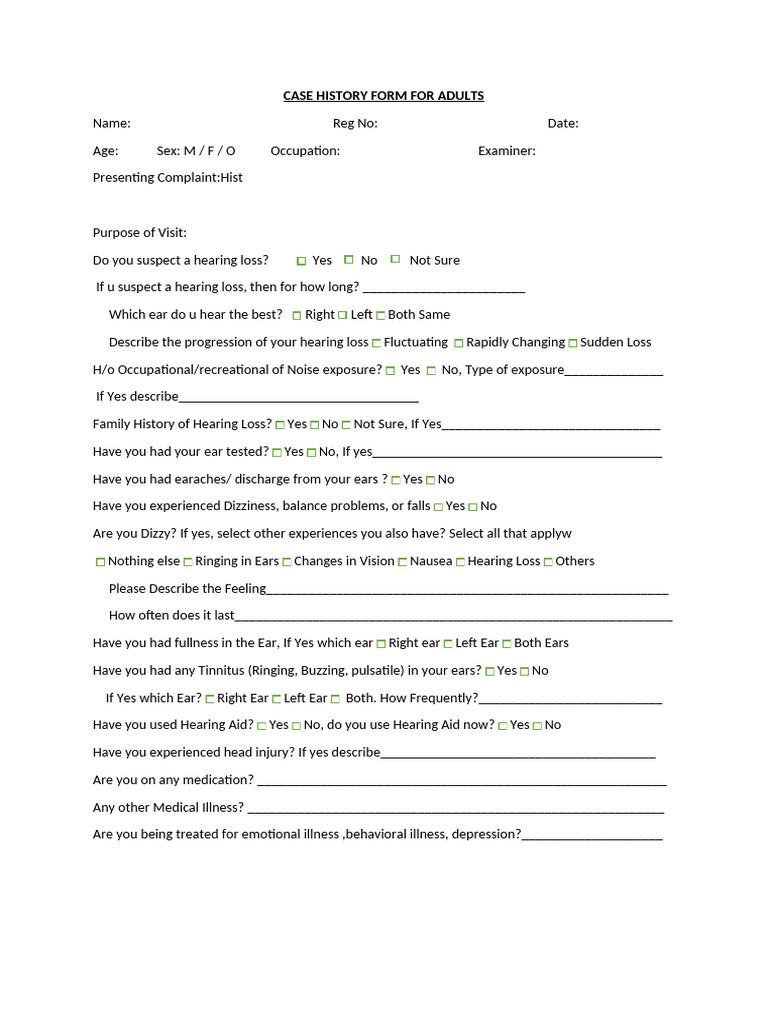 Case History Form for Adults | PDF | Hearing Loss | Ear