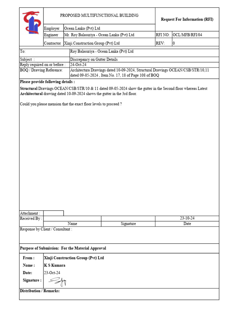 RFI for Gutter Discrepancy in Building Plans | PDF