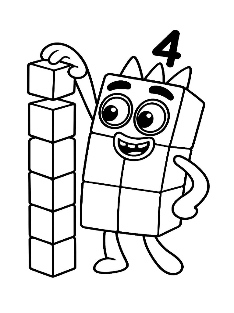 A Dynamic Coloring Page of Numberblock Four Building a Block Tower With ...