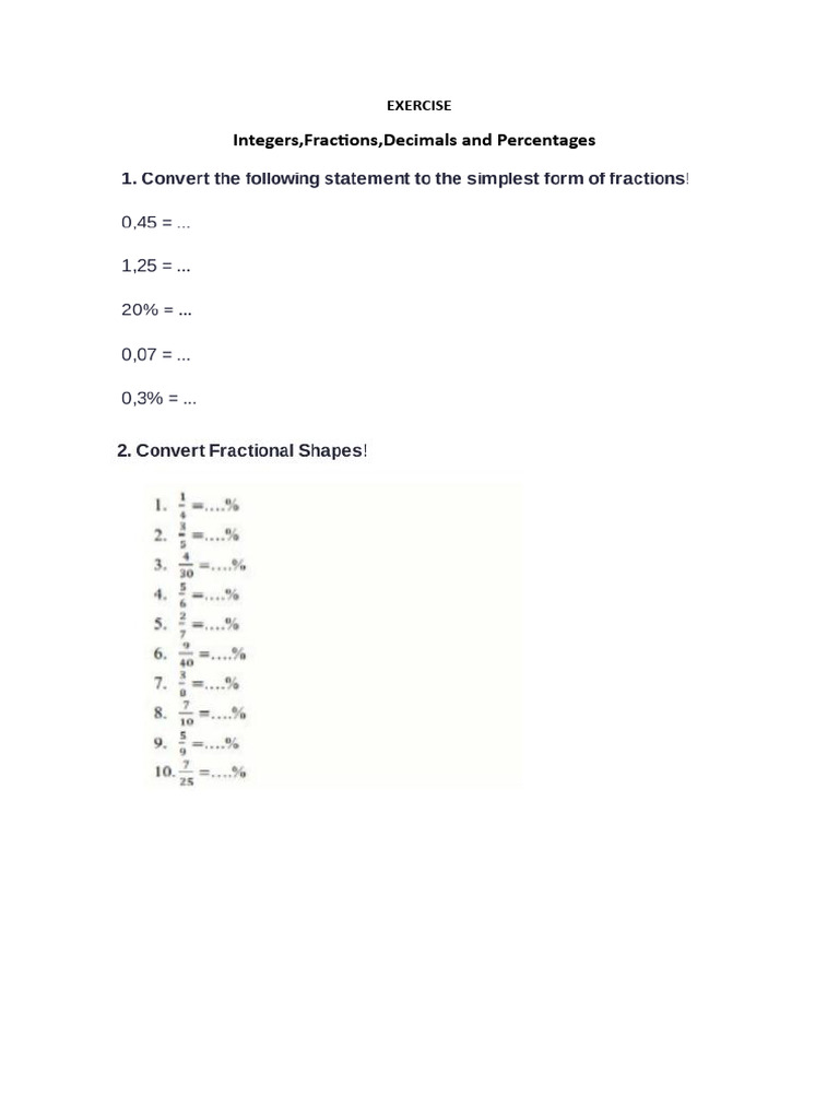 Exercise of Fraction,Decimal, And Percen- Kelas Inter (7a s.d 7c) | PDF