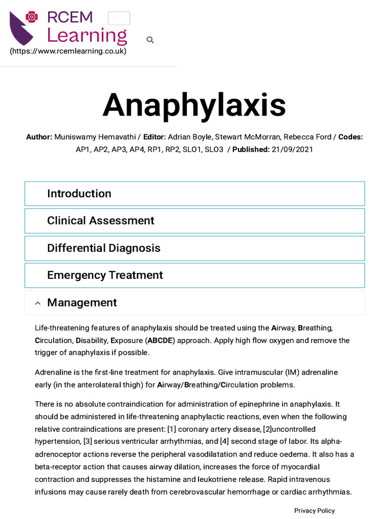 Anaphylaxis: Emergency Management Guide | PDF | Epinephrine ...
