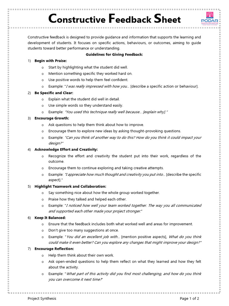 9 Constructive Feedback Std VII Activity 1 | PDF | Creativity | Design ...
