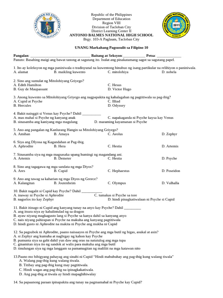 1st Filipino 10 Exam | PDF