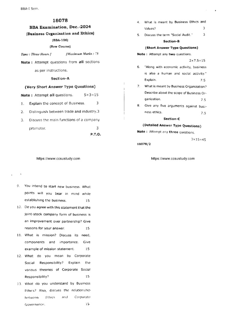 Bba 1 Sem Business Organisation and Ethics 18078 Dec 2024 | PDF