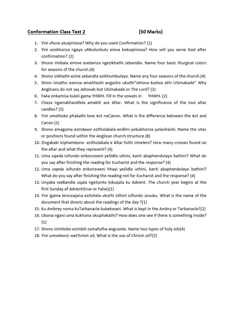 Anglican Confirmation Class Test Questions | PDF