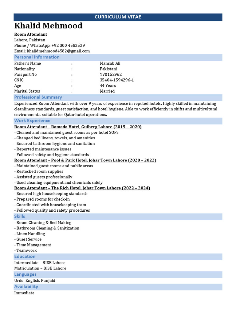 Room Attendant CV - Khalid Mehmood | PDF
