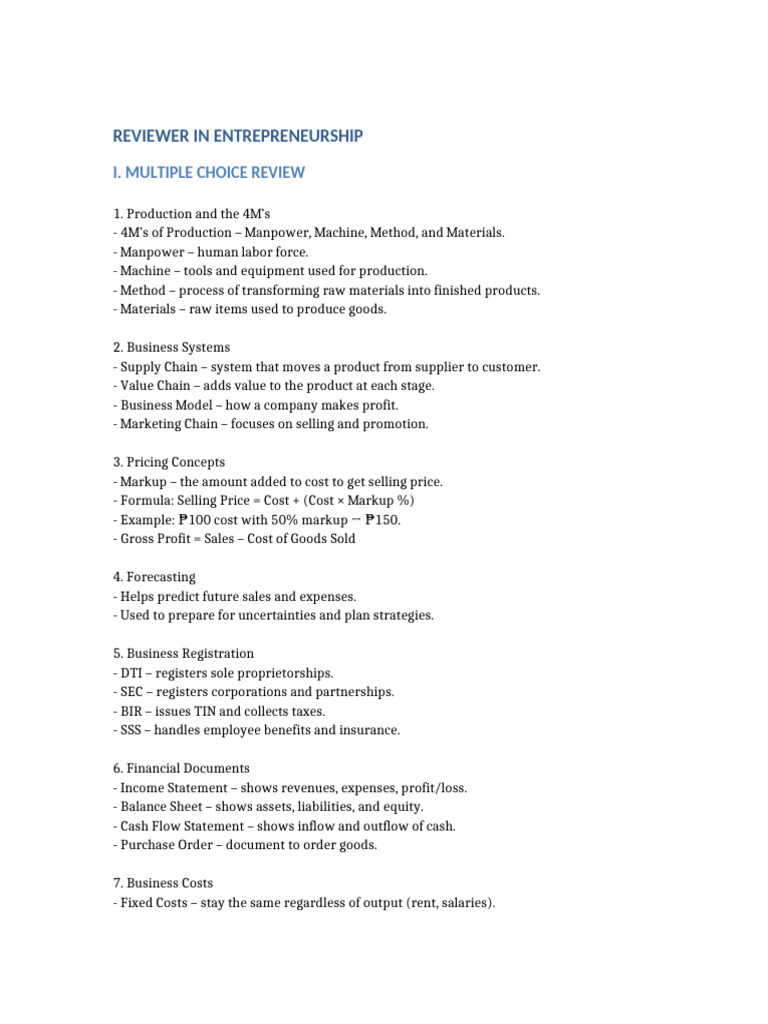Entrepreneurship Review Guide | PDF | Gross Income | Cost Of Goods Sold