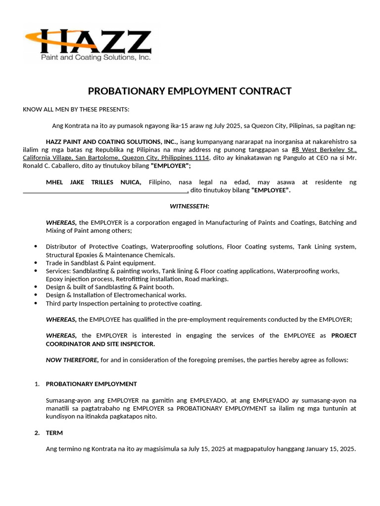 Probationary Employment Contract Template | PDF | Employment | Overtime