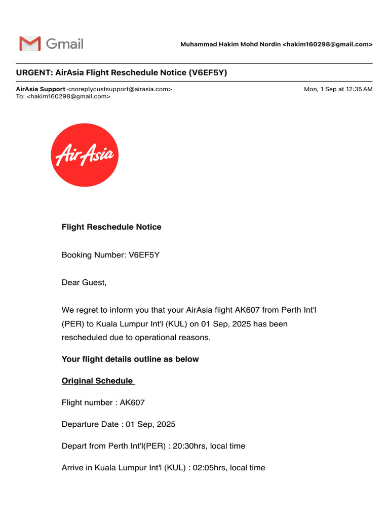 URGENT- AirAsia Flight Reschedule Notice (V6EF5Y) | PDF