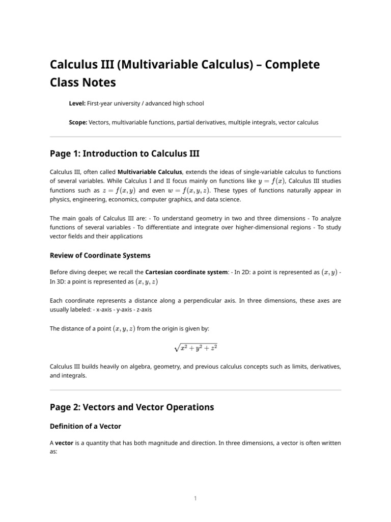 Multivariable Calculus Class Notes | PDF | Euclidean Vector | Integral