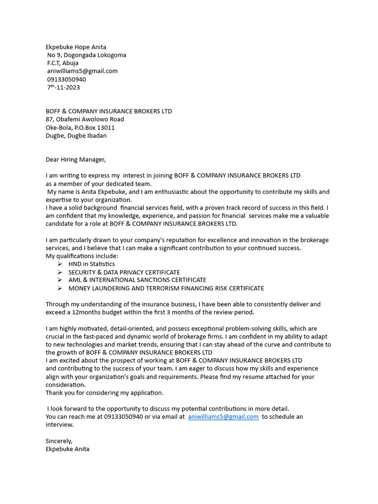 Job Application for Insurance Broker Role | PDF