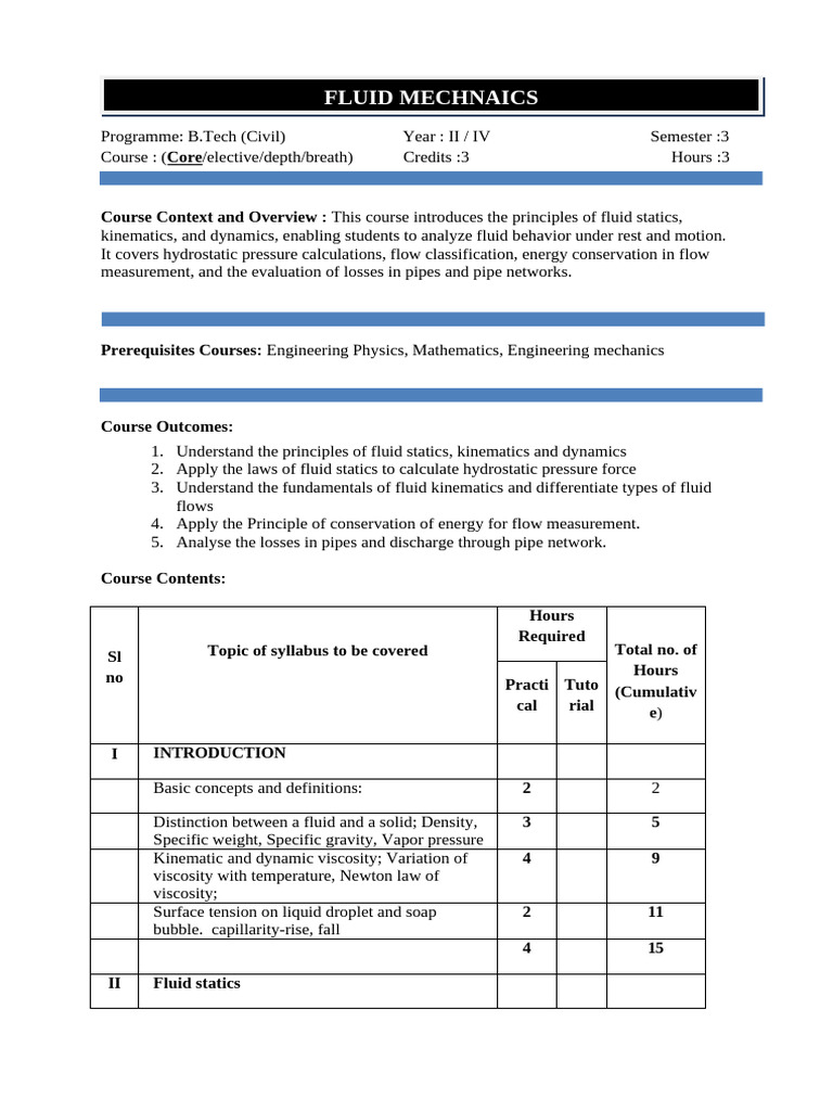 Fluid Mechanics Course Overview for B.Tech | PDF | Fluid Dynamics ...