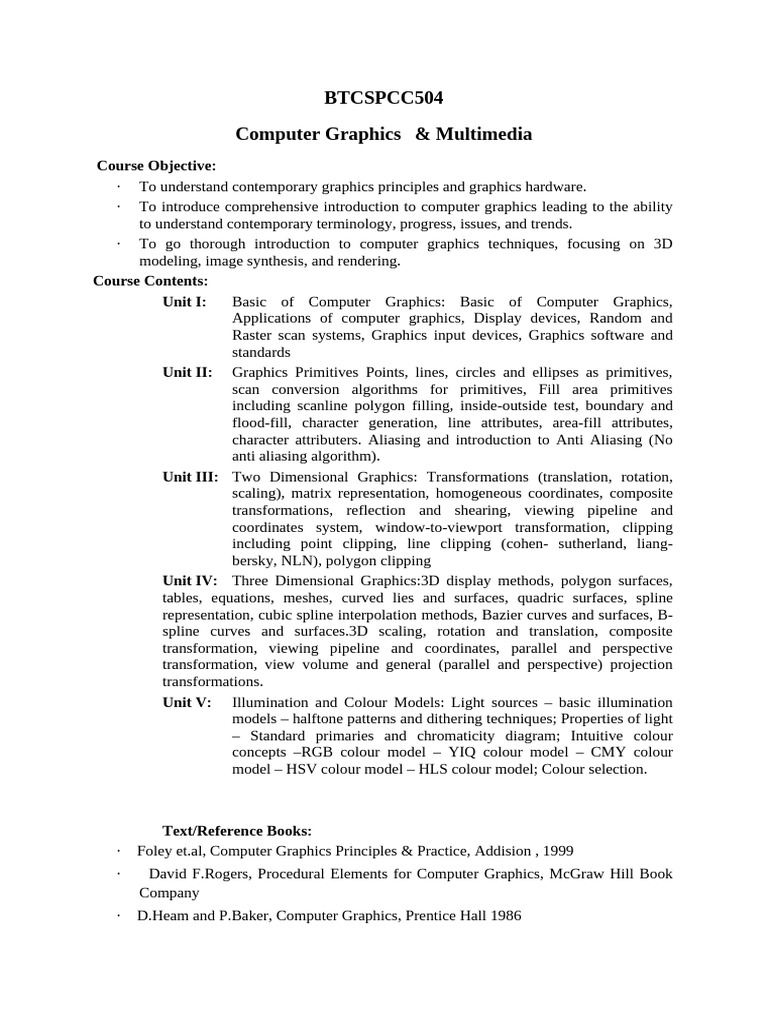 Syllabus | PDF | Computer Graphics | Rendering (Computer Graphics)