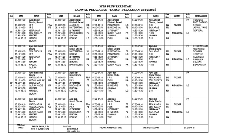 Jadwal Pelajaran MTS Plus Tarbiyah 2025/2026 | PDF