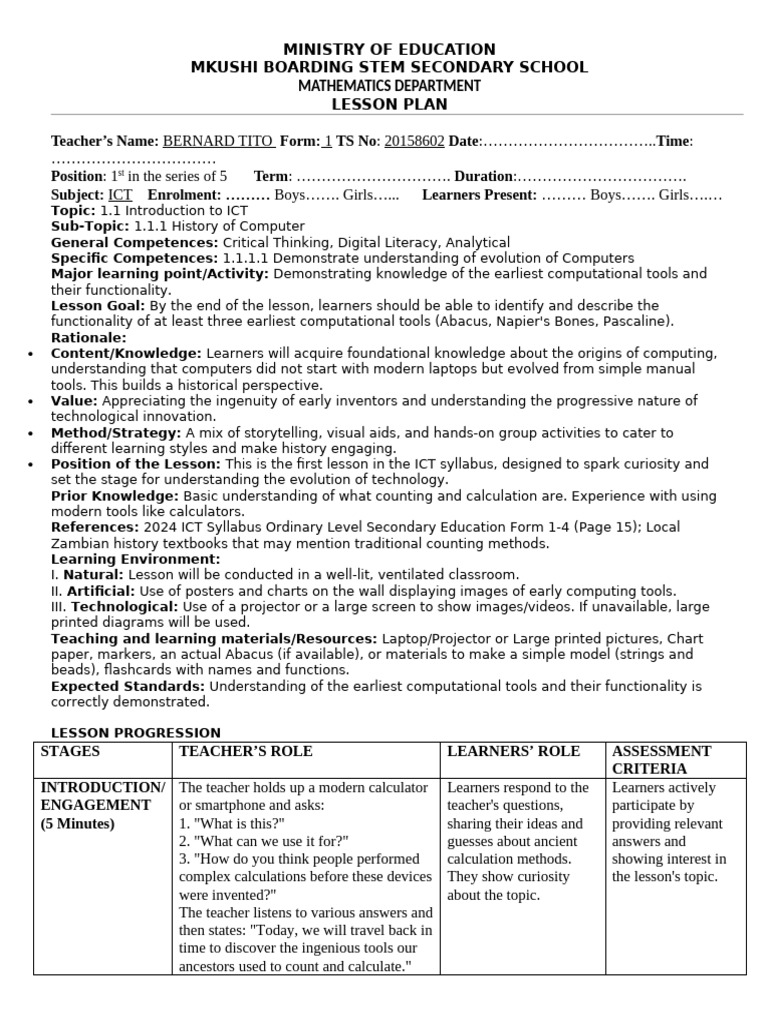 ICT Lesson Plan: History of Computers | PDF | Educational Technology ...