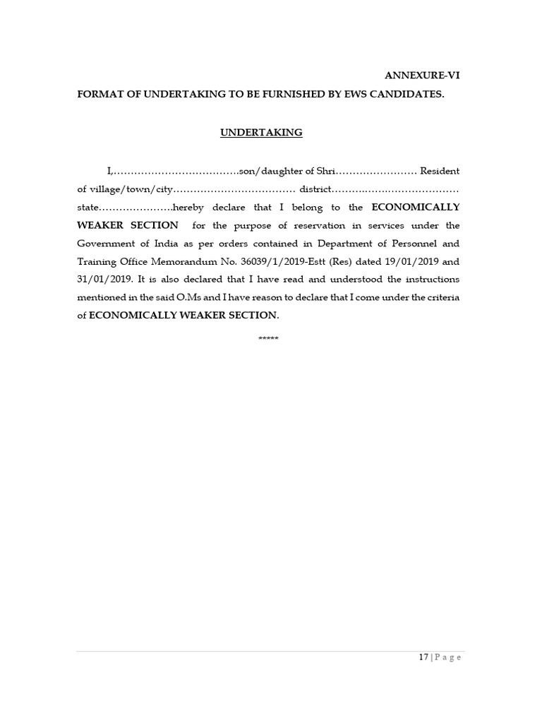 EWS Candidate Undertaking Format | PDF