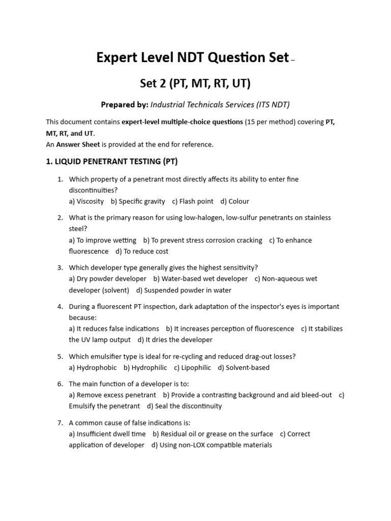 Expert NDT Questions: PT, MT, RT, UT | PDF | Radiography | Physical ...