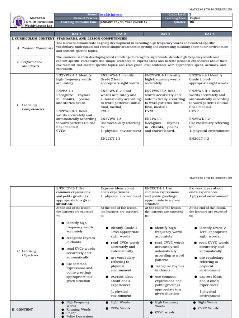 Grade 2 English Weekly Lesson Plan | PDF | Vocabulary | Waste