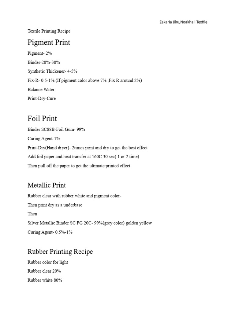 Textile Printing Recipes Guide | PDF
