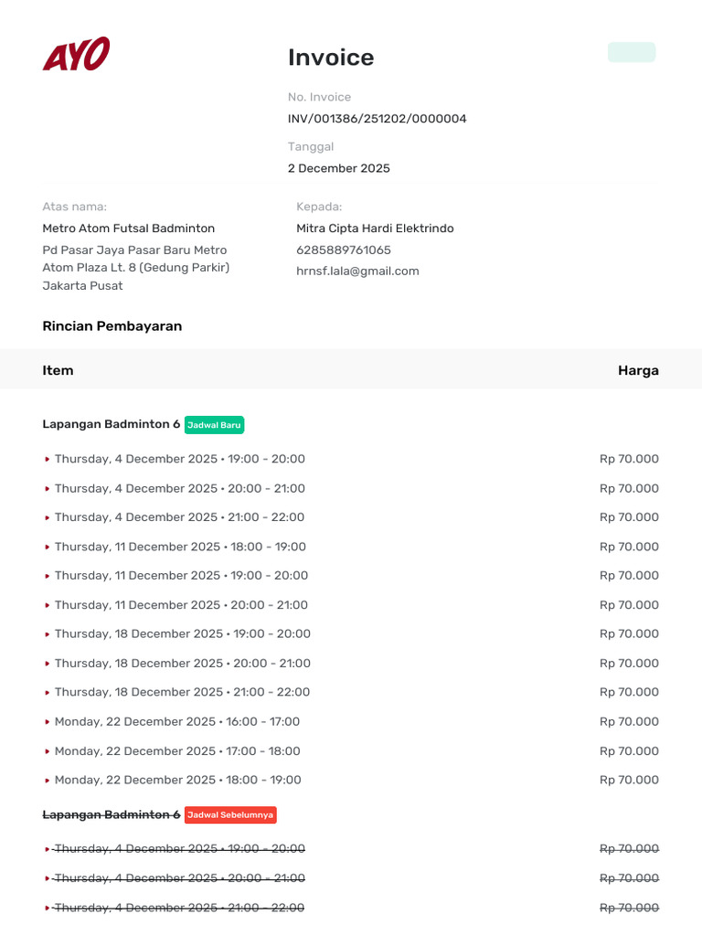 Invoice for Badminton Court Booking | PDF