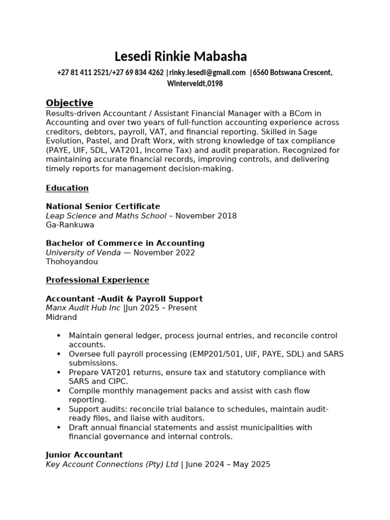 Accountant Resume: Lesedi Mabasha | PDF | Audit | Accounting
