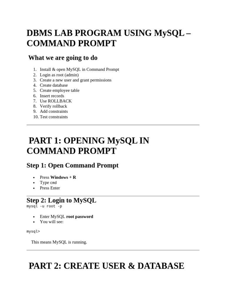 MySQL DBMS Lab: User, Database, Constraints | PDF | Superuser | Databases