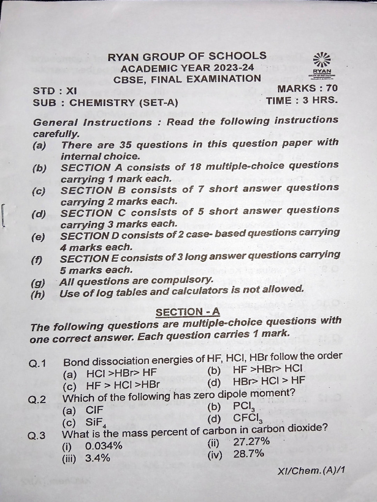 Final Examination Class XI Set-A | PDF | Chemical Reactions | Chemical Bond