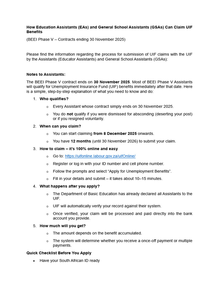 Claiming UIF Benefits for EAs and GSAs | PDF