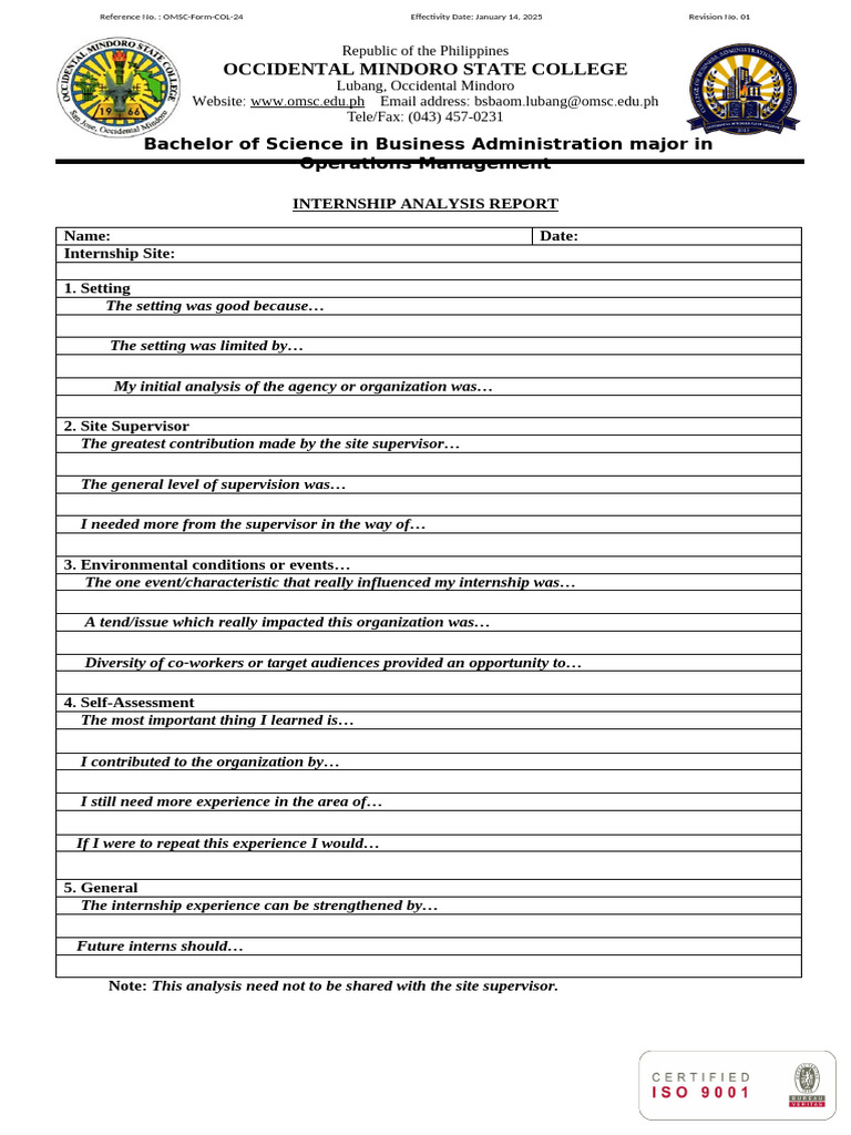 OMSC Form COL 24 Internship Analysis Report_Rev.01 | PDF
