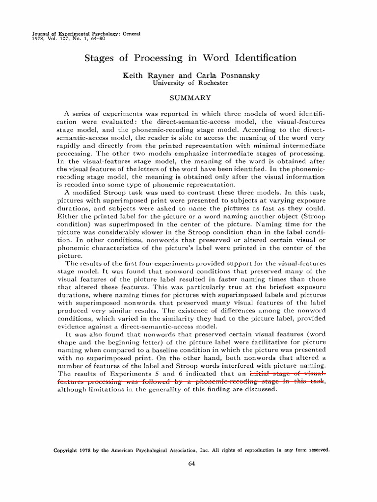 Models of Word Identification Processing | PDF | Experiment | Memory
