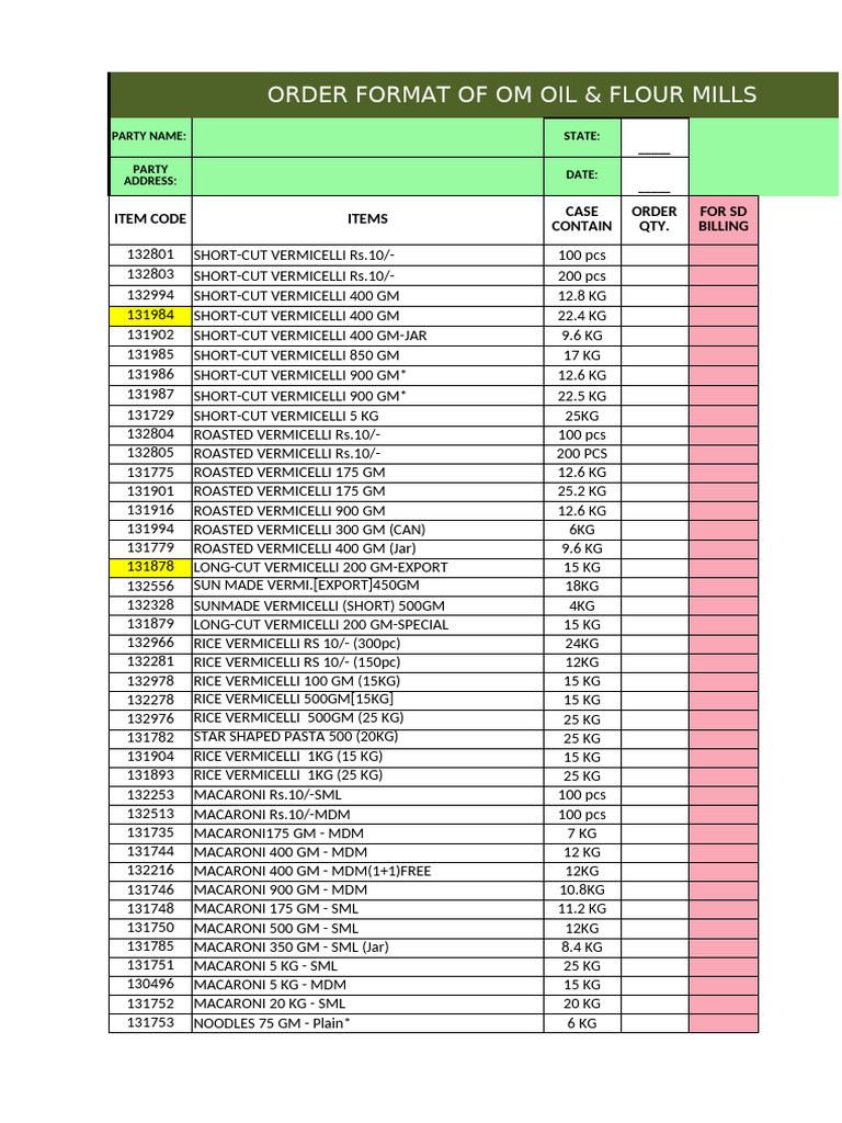OM Oil & Flour Mills Order Format | PDF | Curry | Food And Drink