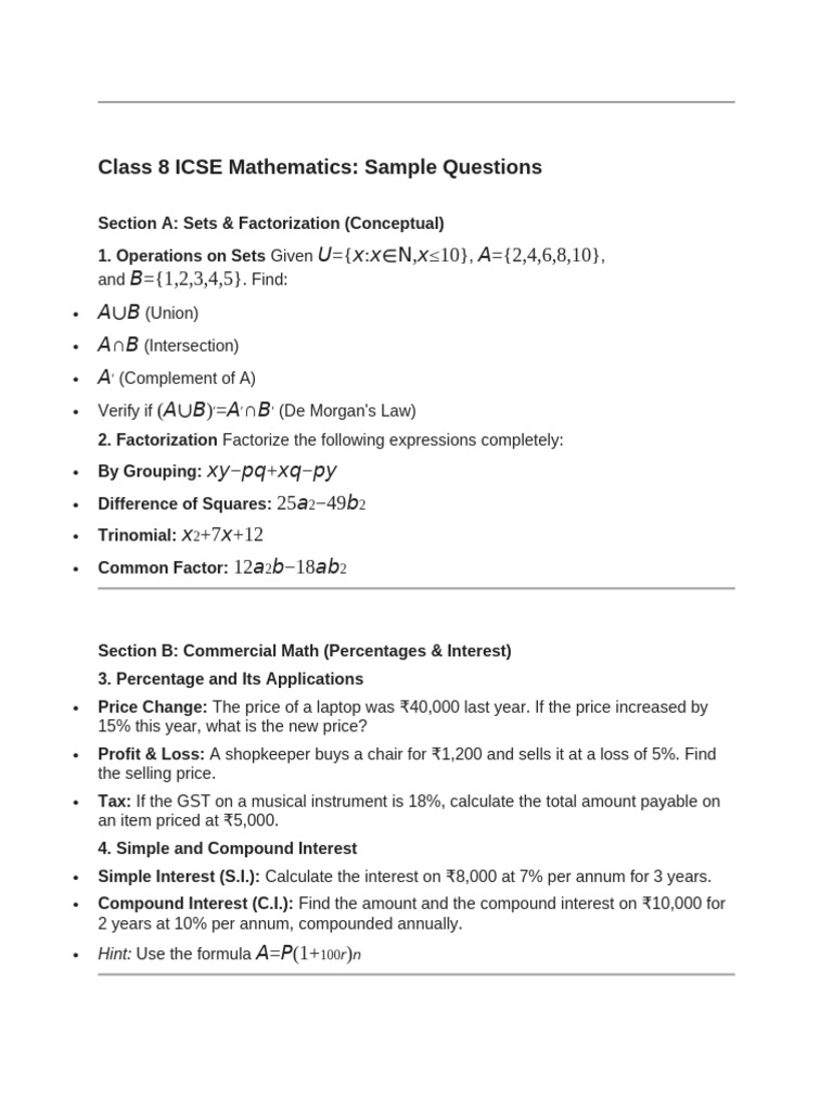 ICSE Class 8 Math Sample Questions | PDF