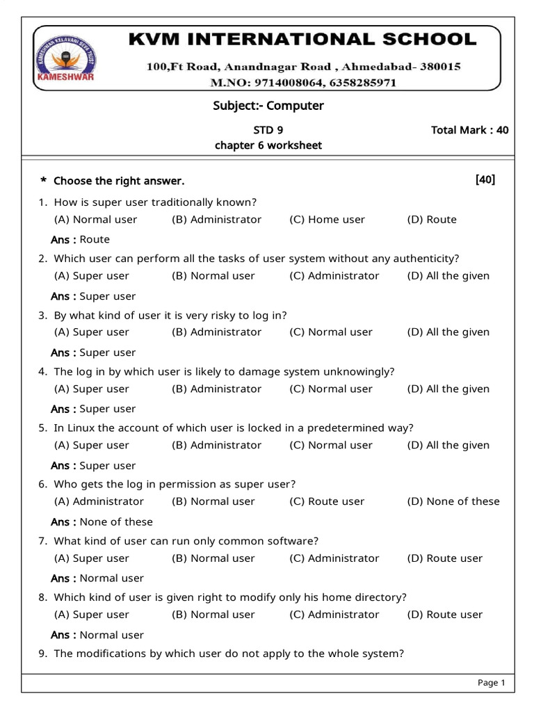 Computer Worksheet on User Types | PDF | Linux | Unix