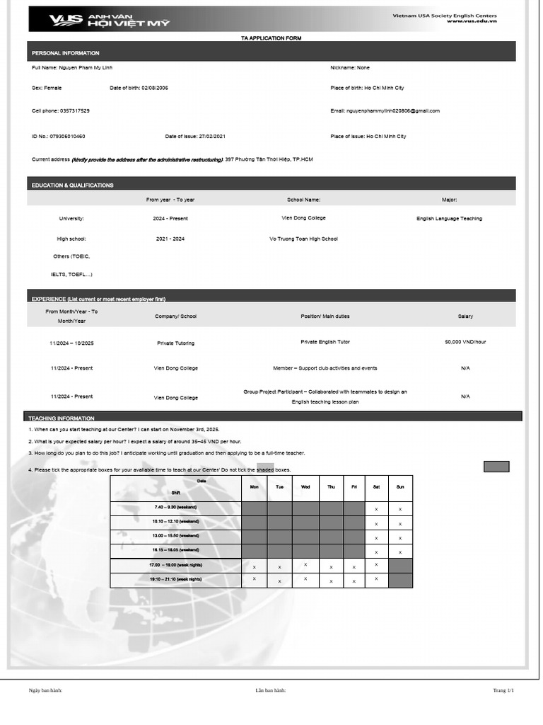 Nguyen Pham My Linh TA Application | PDF | Vietnam