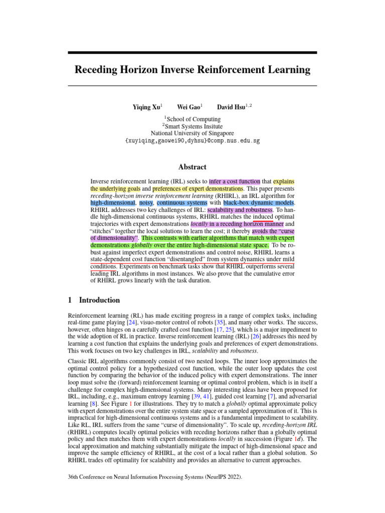 Receding-Horizon Inverse Reinforcement Learning | PDF | Mathematical ...