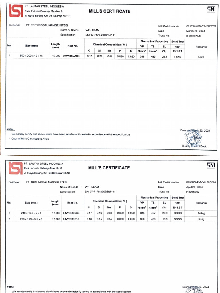 Steel Quality Control Certificate Summary | PDF
