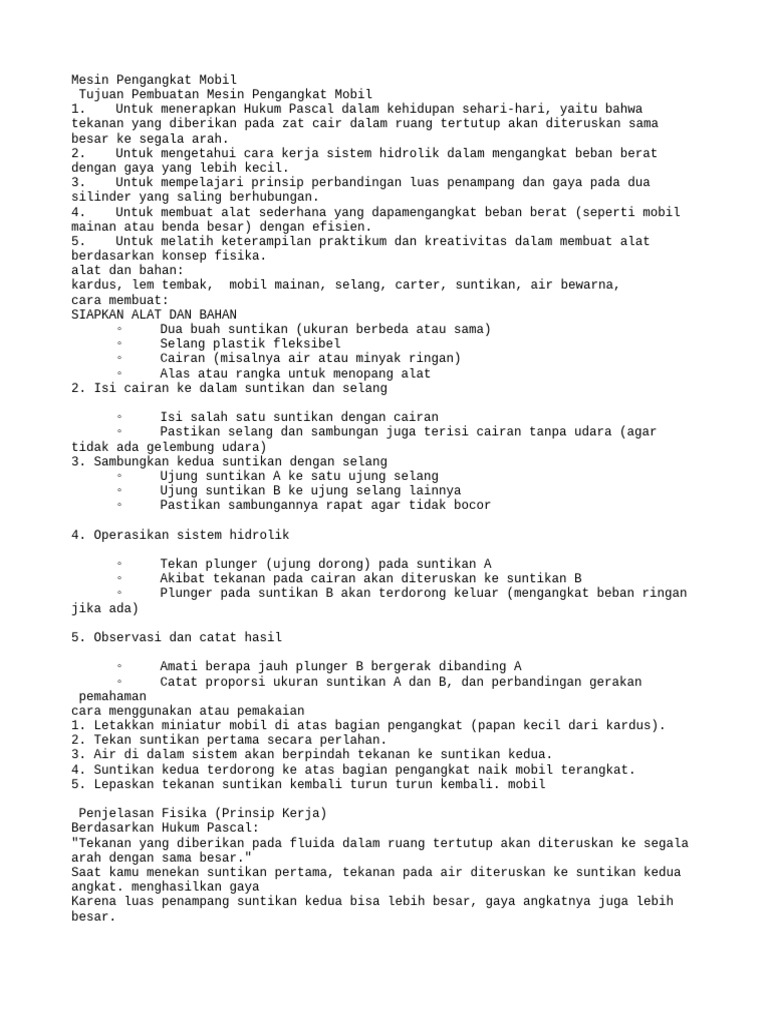 Mesin Hidrolik Sederhana Hukum Pascal | PDF