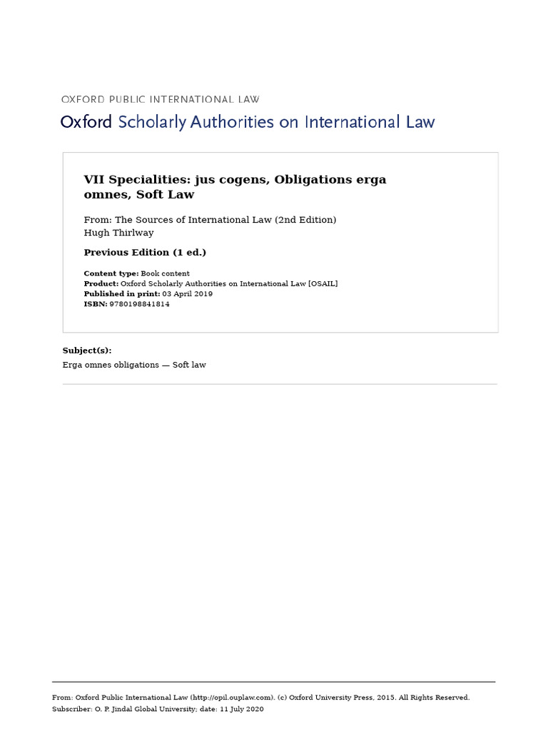 Jus Cogens and Erga Omnes Obligations | PDF | International Law | Treaty