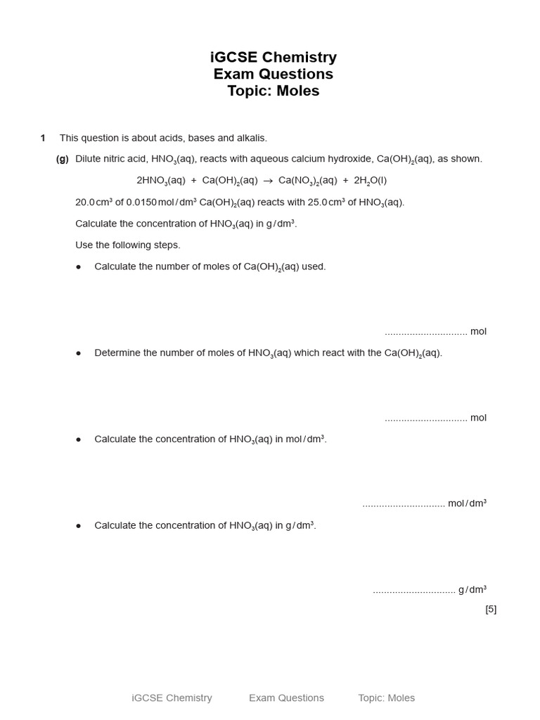 iGCSE Chemistry: Moles and Reactions | PDF | Nitric Acid | Mole (Unit)