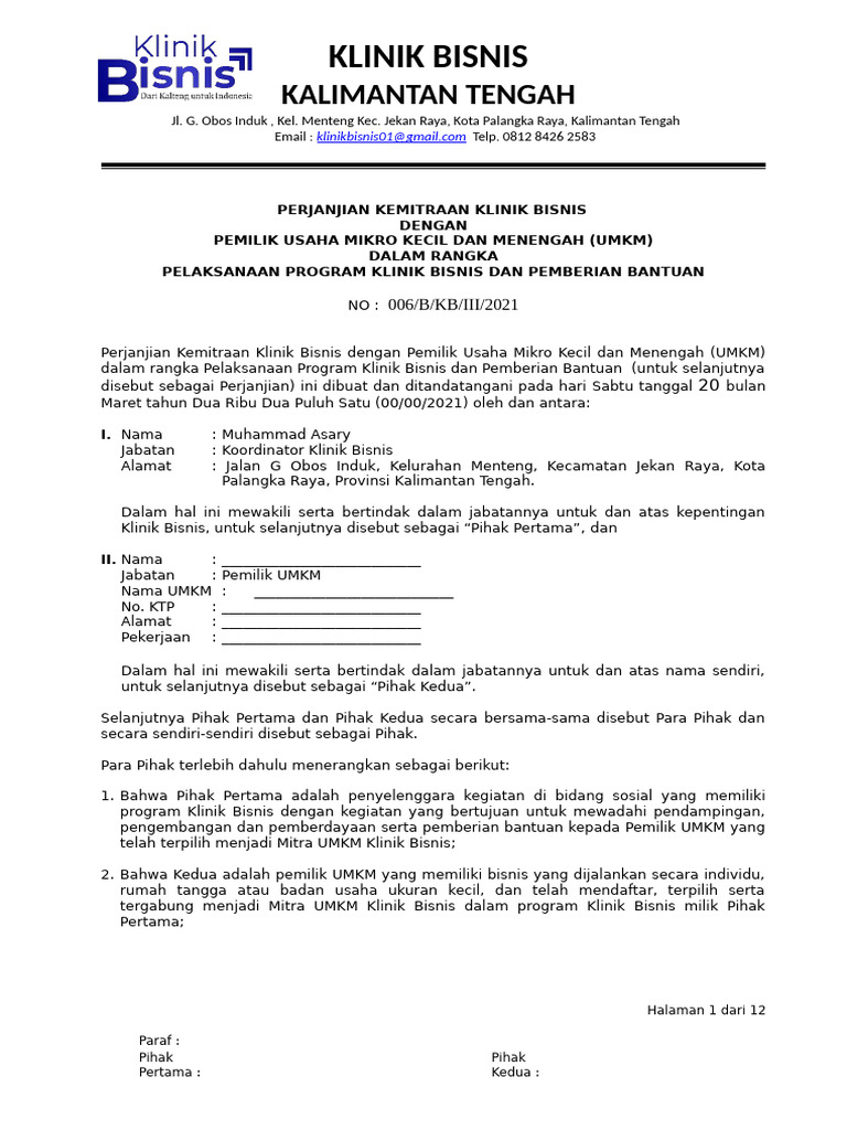 Perjanjian Kemitraan UMKM Klinik Bisnis | PDF