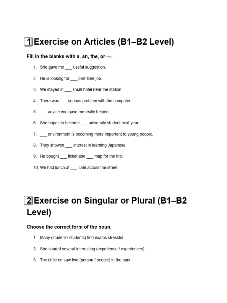 Exercise on Articles (B1–B2 Level) | PDF