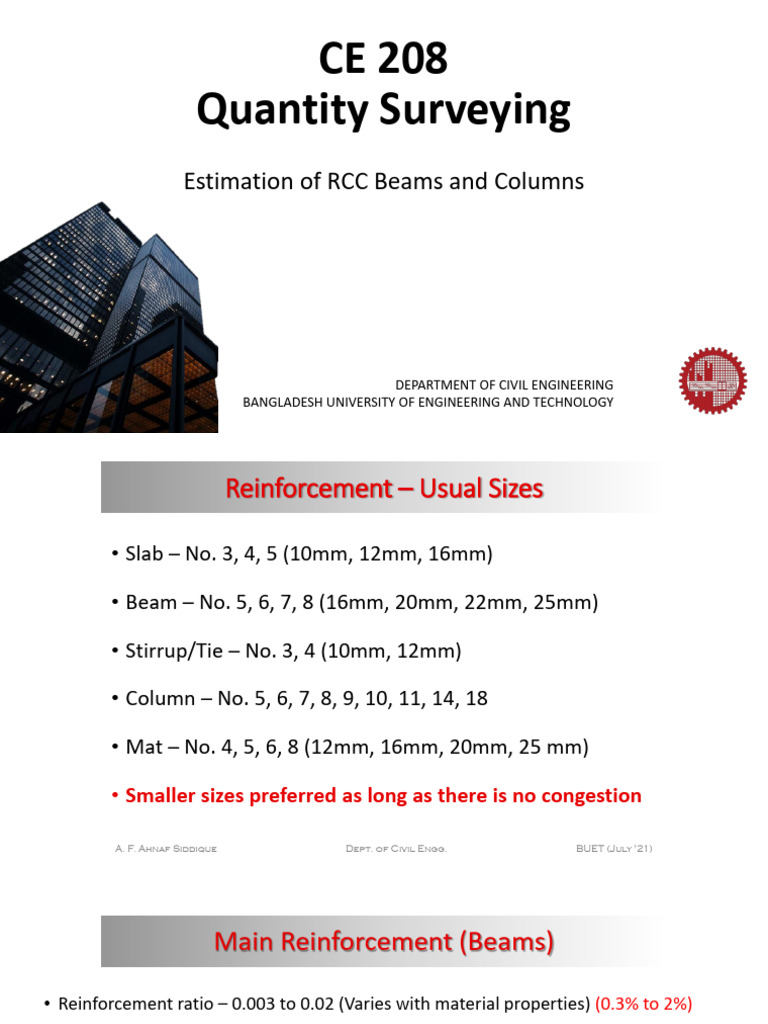 RCC Beam and Column Estimation Guide | PDF | Beam (Structure)