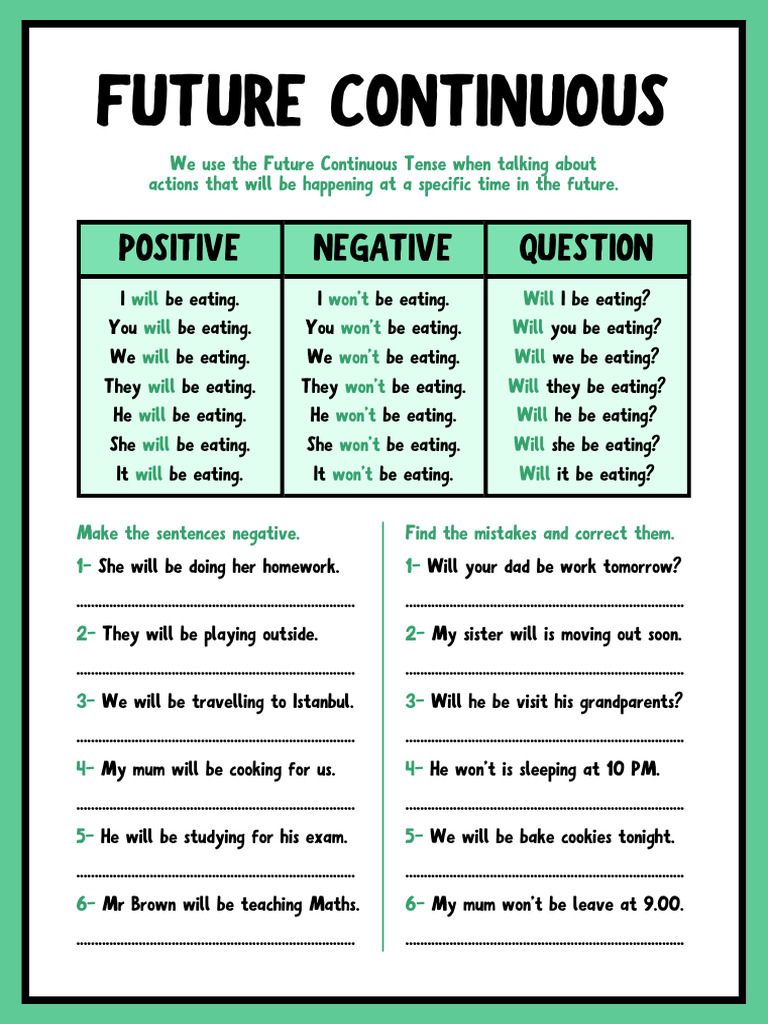 Future Continuous Worksheet in Green White Simple Style | PDF | Syntax ...
