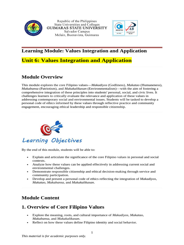 Filipino Values: Ethics and Citizenship Guide | PDF | Value (Ethics ...